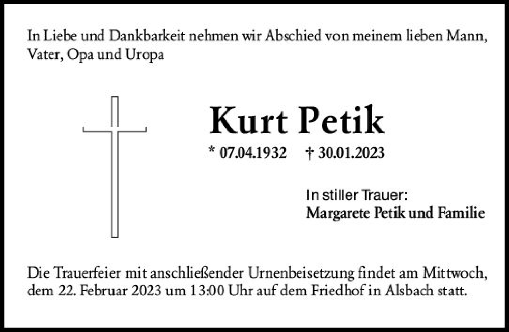  Traueranzeige für Kurt Petik vom 18.02.2023 aus Darmstädter Echo