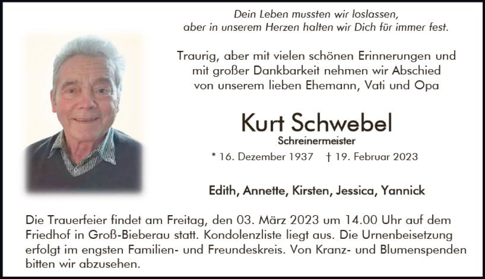  Traueranzeige für Kurt Schwebel vom 25.02.2023 aus Darmstädter Echo