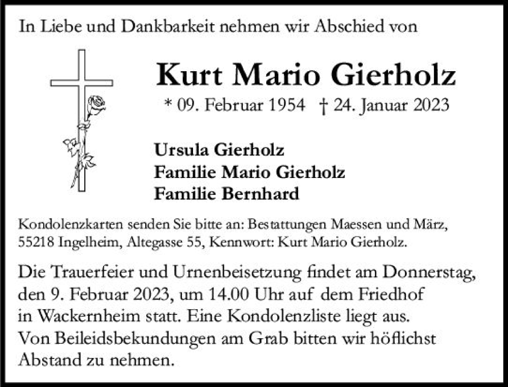  Traueranzeige für Kurt Mario Gierholz vom 04.02.2023 aus Allgemeine Zeitung Mainz