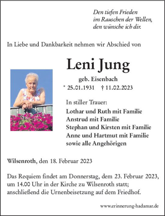 Traueranzeige von Leni Jung von Nassauische Neue Presse