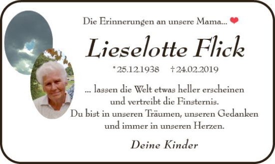 Traueranzeige von Lieselotte Flick von Allgemeine Zeitung Bad Kreuznach