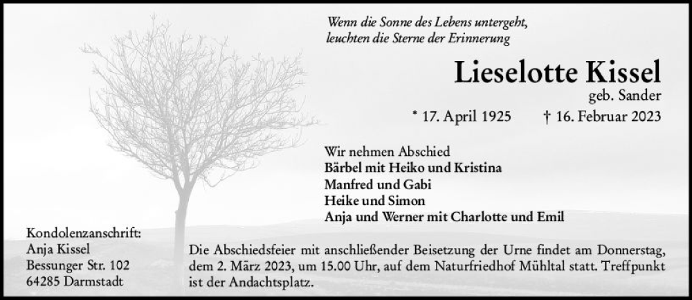  Traueranzeige für Lieselotte Kissel vom 25.02.2023 aus Darmstädter Echo