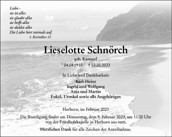 Traueranzeige von Lieselotte Schnörch von Dill Block