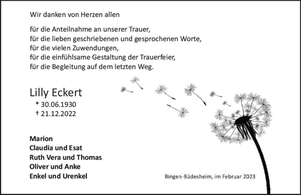  Traueranzeige für Lilly Eckert vom 25.02.2023 aus Allgemeine Zeitung Bingen/Ingelheim