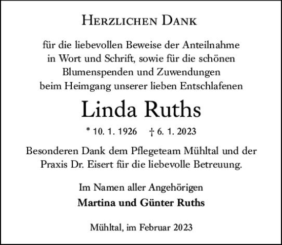 Traueranzeige von Linda Ruths von Darmstädter Echo