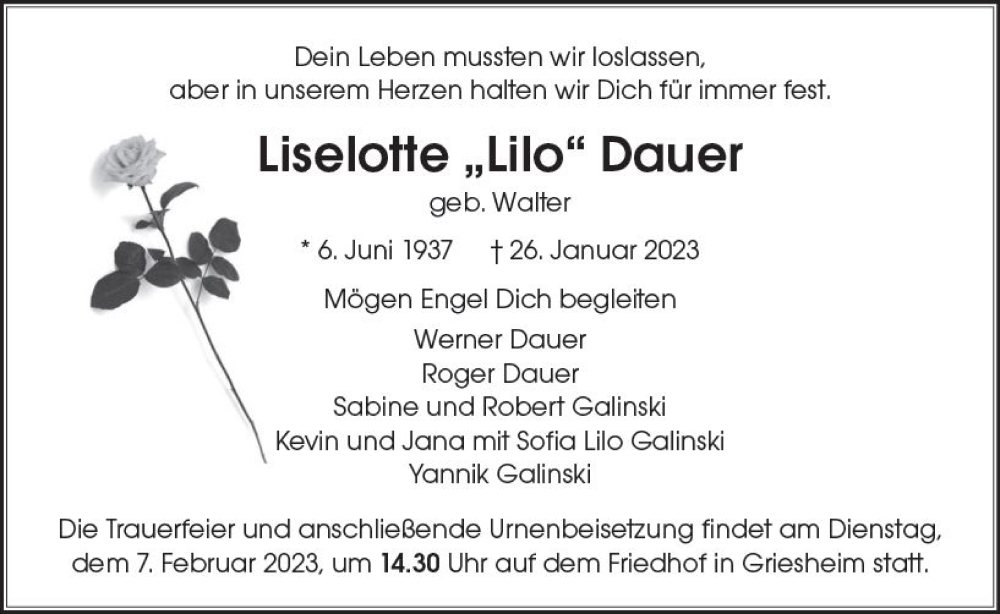  Traueranzeige für Liselotte Dauer vom 04.02.2023 aus Darmstädter Echo