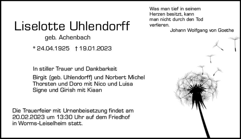  Traueranzeige für Liselotte Uhlendorff vom 15.02.2023 aus Wormser Zeitung