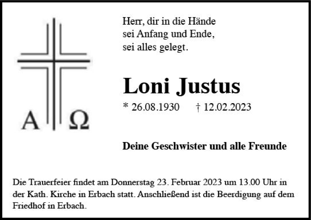  Traueranzeige für Loni Justus vom 18.02.2023 aus Rheingau Kurier