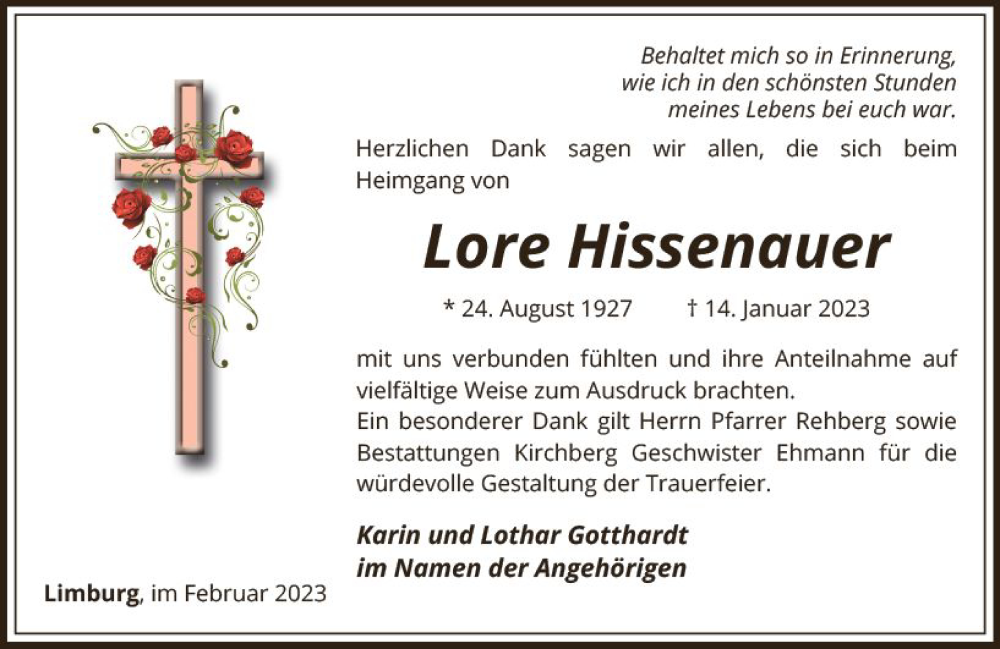  Traueranzeige für Lore Hissenauer vom 25.02.2023 aus Nassauische Neue Presse