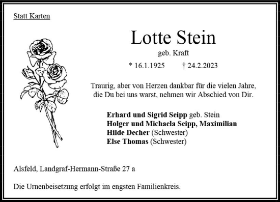 Traueranzeige von Lotte Stein von VRM Trauer