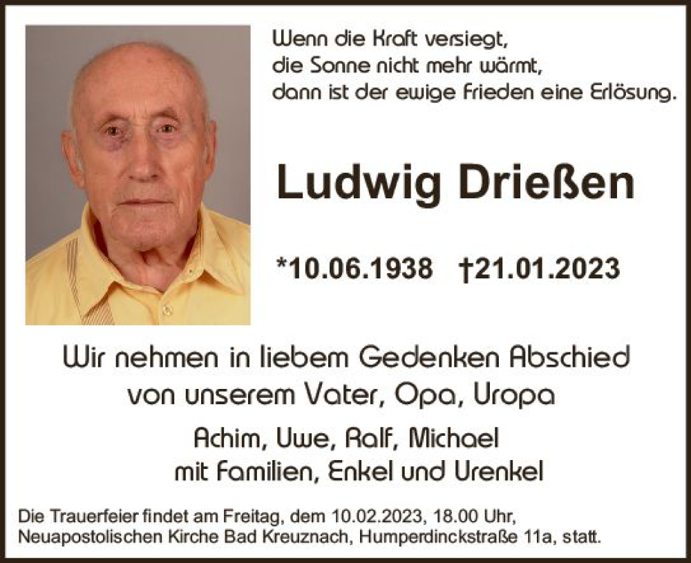  Traueranzeige für Ludwig Drießen vom 04.02.2023 aus Allgemeine Zeitung Bad Kreuznach