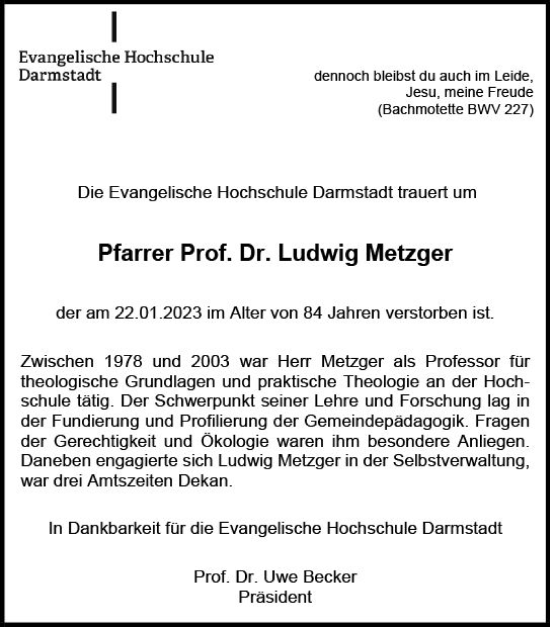 Traueranzeige von Ludwig Metzger von Darmstädter Echo