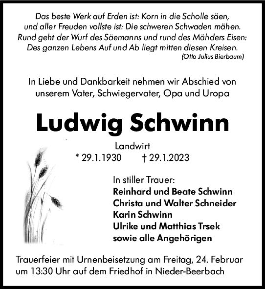 Traueranzeige für Ludwig Schwinn vom 18.02.2023 aus Darmstädter Echo