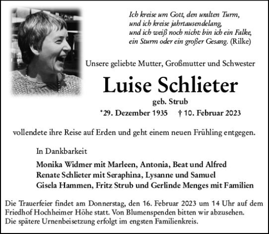 Traueranzeige von Luise Schlieter von Wormser Zeitung