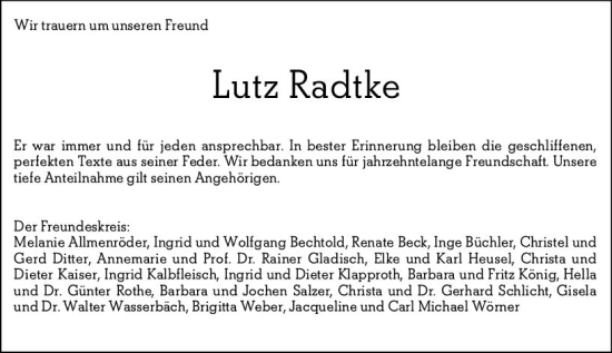 Traueranzeige von Lutz Radtke von Odenwälder Echo