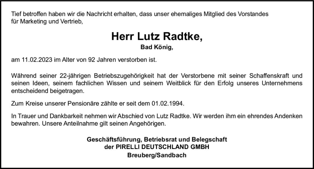  Traueranzeige für Lutz Radtke vom 17.02.2023 aus Odenwälder Echo