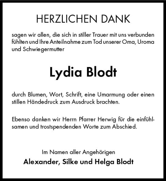 Traueranzeige von Lydia Blodt von Rüsselsheimer Echo