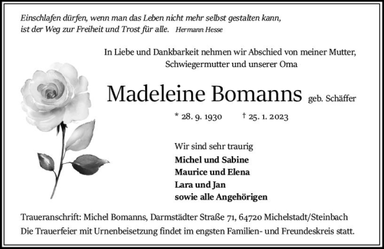 Traueranzeige von Magdaleine Bomanns von Odenwälder Echo