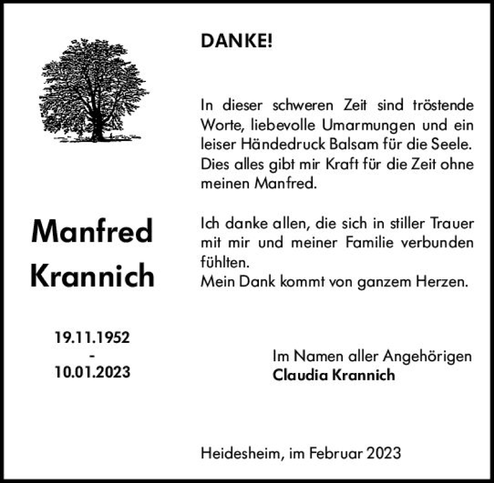  Traueranzeige für Manfred Krannich vom 18.02.2023 aus Allgemeine Zeitung Mainz