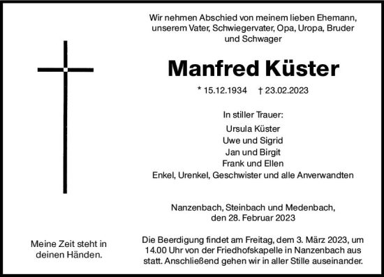Traueranzeige von Manfred Küster von Dill Block
