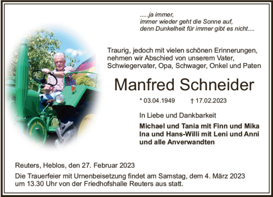 Traueranzeige von Manfred Schneider von VRM Trauer