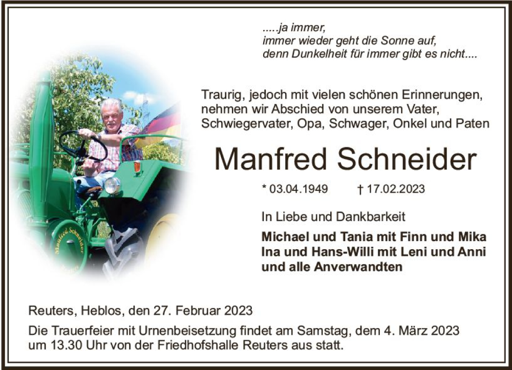  Traueranzeige für Manfred Schneider vom 27.02.2023 aus VRM Trauer