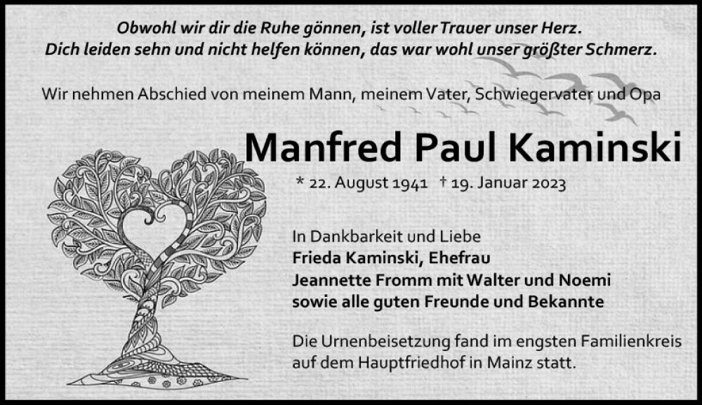  Traueranzeige für Manfred Paul Kaminski vom 04.02.2023 aus Allgemeine Zeitung Mainz