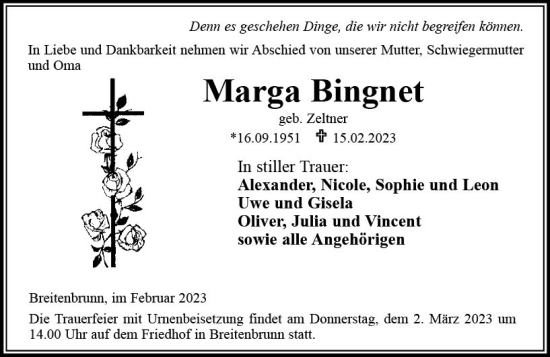 Traueranzeige von Marga Bingnet von Odenwälder Echo