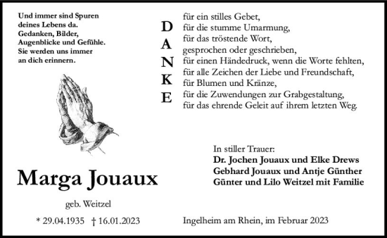 Traueranzeige von Marga Jouaux von Allgemeine Zeitung Bingen/Ingelheim