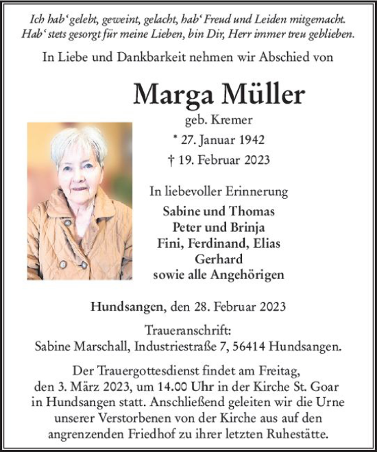 Traueranzeige von Marga Müller von Nassauische Neue Presse