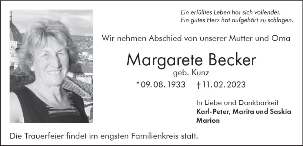  Traueranzeige für Margarete Becker vom 18.02.2023 aus Darmstädter Echo
