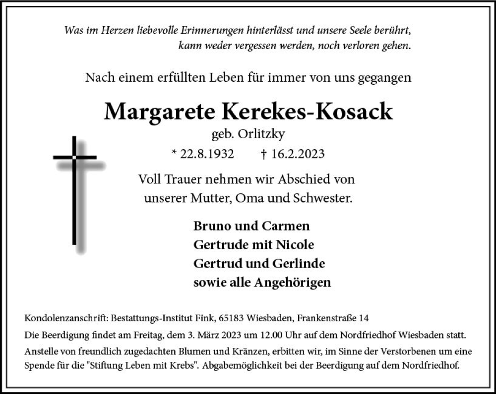  Traueranzeige für Margarete Kerekes-Kosack vom 25.02.2023 aus Wiesbadener Kurier