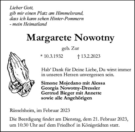 Traueranzeige von Margarete Nowotny von Rüsselsheimer Echo