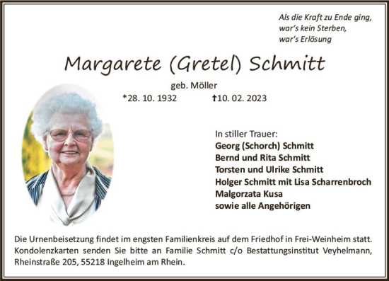Traueranzeige von Margarete Schmitt von Allgemeine Zeitung Bingen/Ingelheim