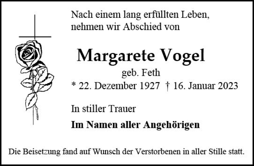  Traueranzeige für Margarete Vogel vom 04.02.2023 aus Allgemeine Zeitung Mainz