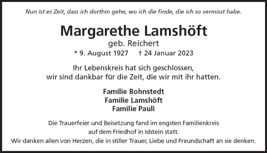 Traueranzeige von Margarethe Lamshöft von Idsteiner Land / Untertaunus Kurier