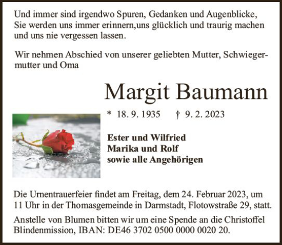 Traueranzeige von Margit Baumann von Darmstädter Echo