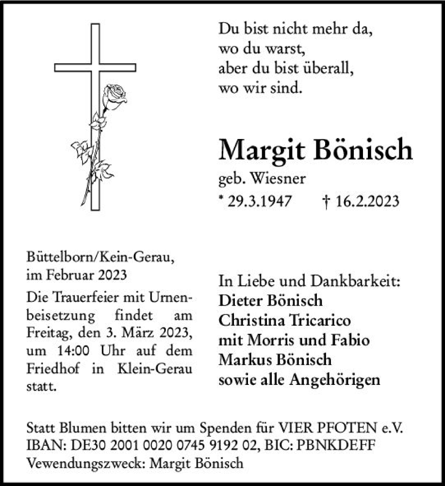  Traueranzeige für Margit Bönisch vom 25.02.2023 aus Groß-Gerauer Echo