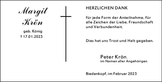 Traueranzeige von Margit Krön von Hinterländer Anzeiger