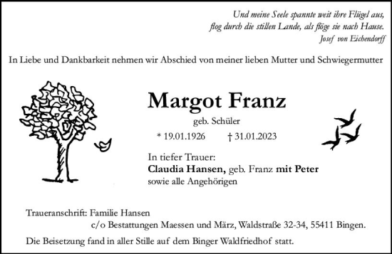 Traueranzeige von Margot Franz von Allgemeine Zeitung Bingen/Ingelheim