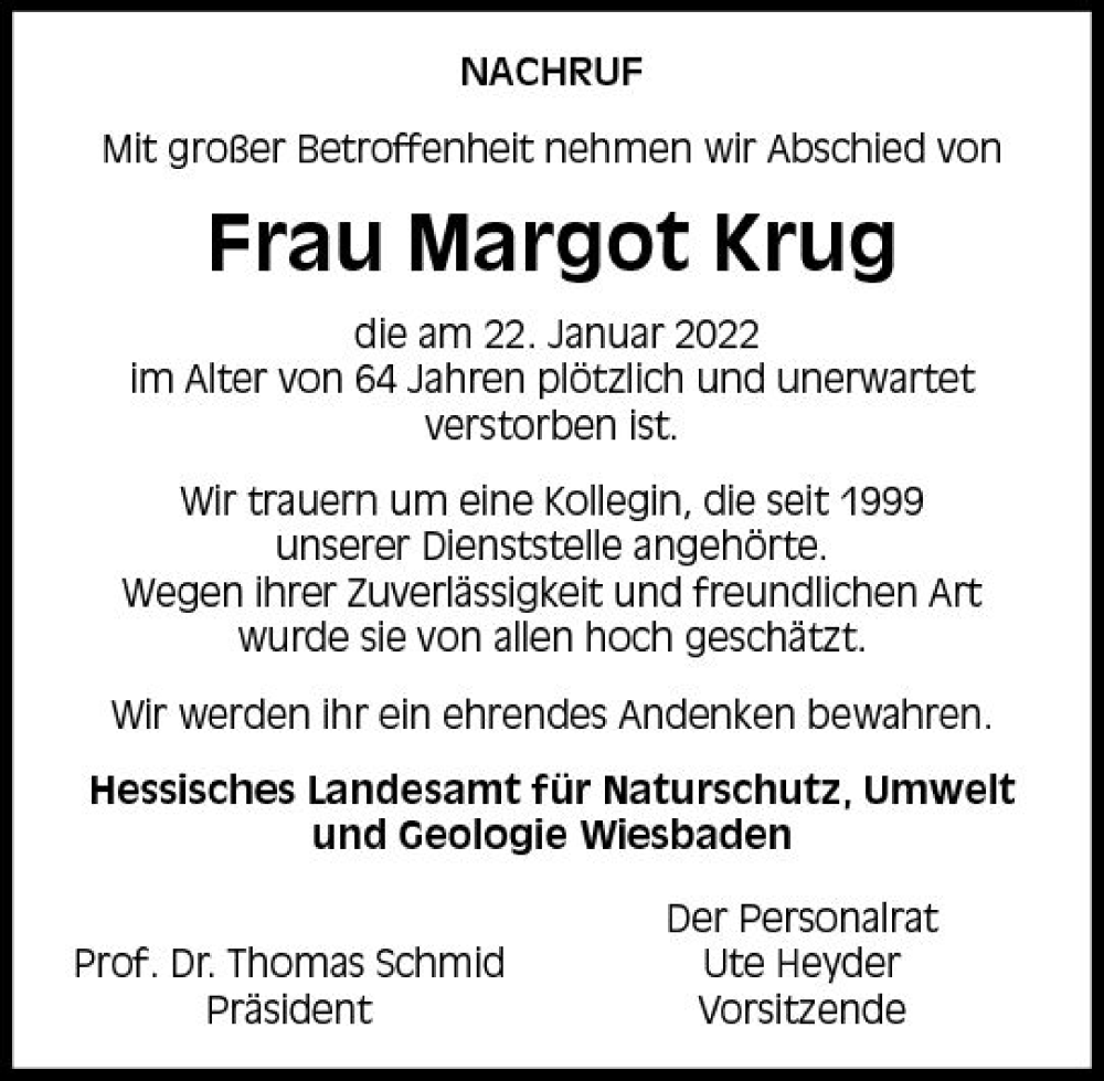 Traueranzeige für Margot Krug vom 09.02.2023 aus Wiesbadener Kurier gesamt