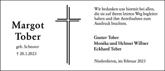 Traueranzeige von Margot Tober von Hinterländer Anzeiger