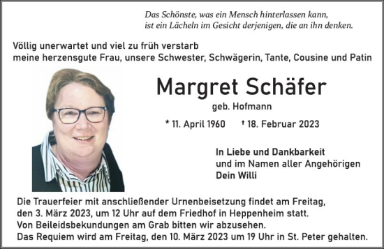 Traueranzeige von Margret Schäfer von Starkenburger Echo