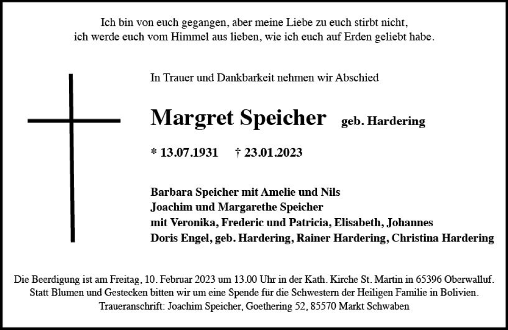  Traueranzeige für Margret Speicher vom 04.02.2023 aus Wiesbadener Kurier gesamt