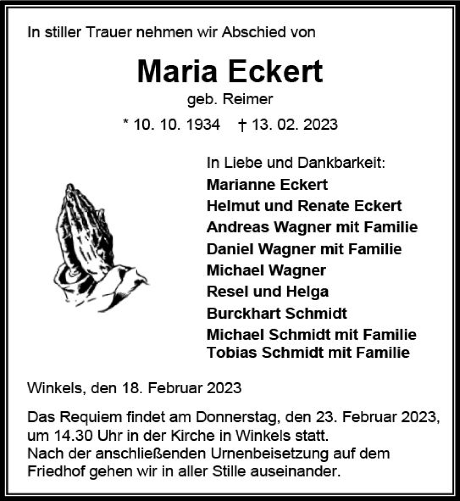  Traueranzeige für Maria Eckert vom 18.02.2023 aus Weilburger Tageblatt