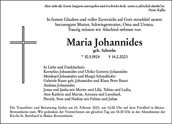 Traueranzeige von Maria Johannides von Allgemeine Zeitung Mainz