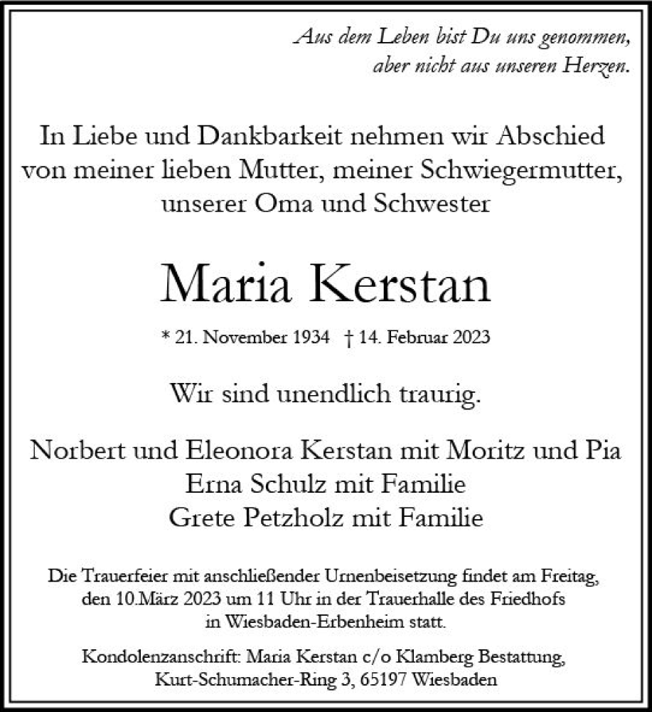  Traueranzeige für Maria Kerstan vom 25.02.2023 aus Wiesbadener Kurier