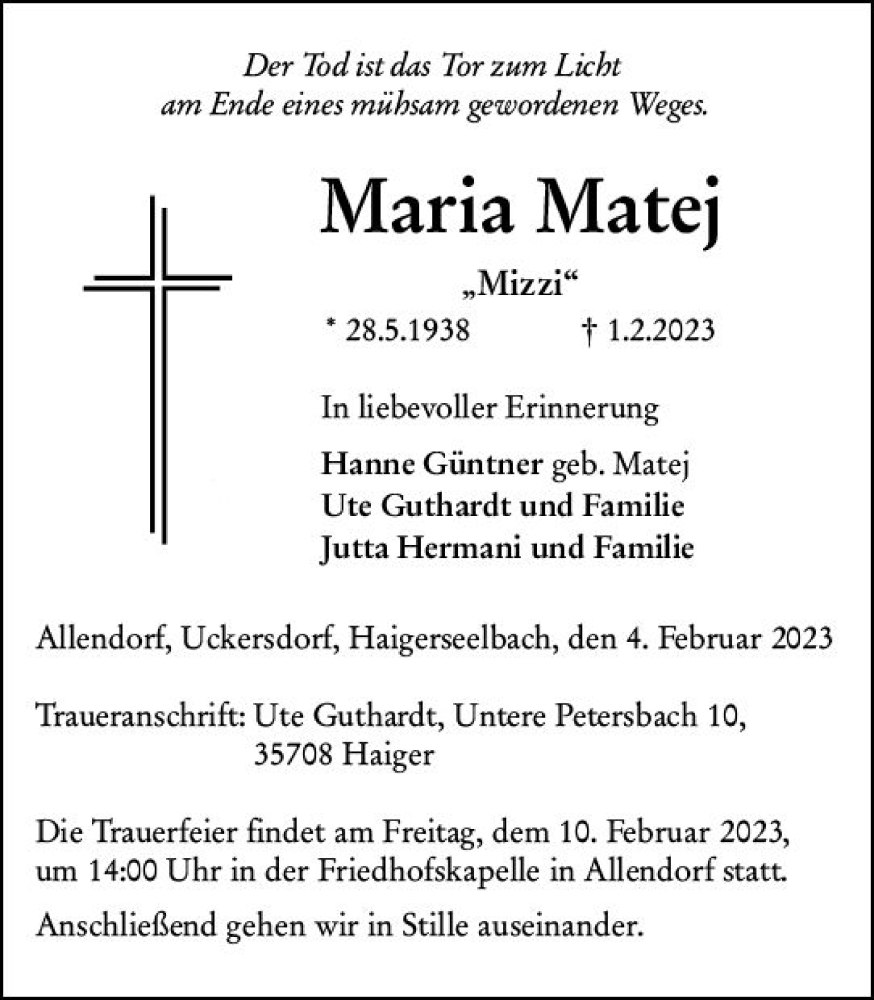  Traueranzeige für Maria Matej vom 04.02.2023 aus Dill Block
