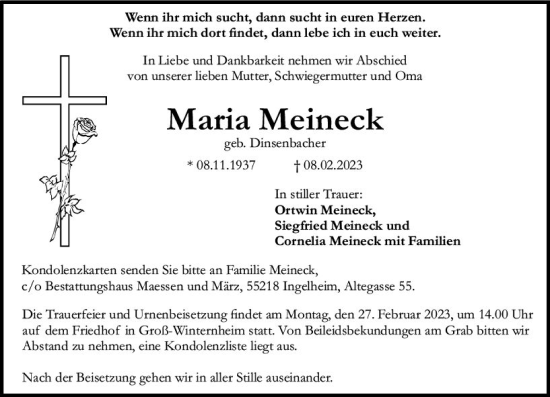 Traueranzeige von Maria Meineck von Allgemeine Zeitung Bingen/Ingelheim