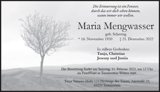 Traueranzeige von Maria Mengwasser von Idsteiner Land / Untertaunus Kurier